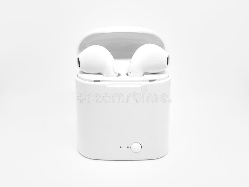 White wireless headphones and a charging case on a white background.