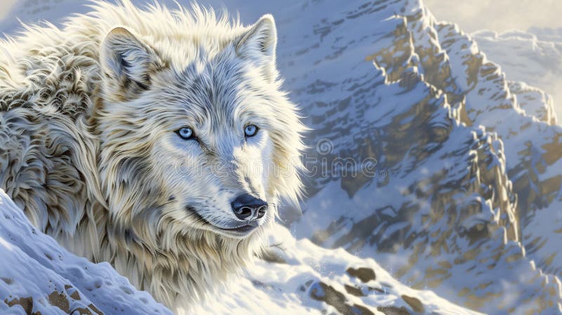 White Wolf Closeup : Piercing Blue Eyes Thick Fur&Snowy Peaks vektor illustrationer