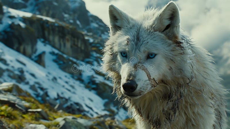 White Wolf Closeup : Piercing Gaze Thick Fur&Snowy Wilds vektor illustrationer