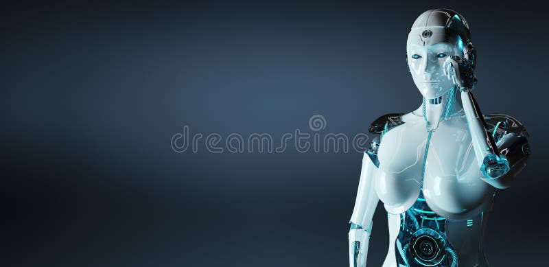 White woman cyborg thinking and touching her head 3D rendering vector illustration