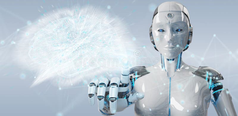 White woman humanoid creating artificial intelligence 3D rendering stock illustration White woman humanoid creating artificial intelligence 3D rendering stock illustration