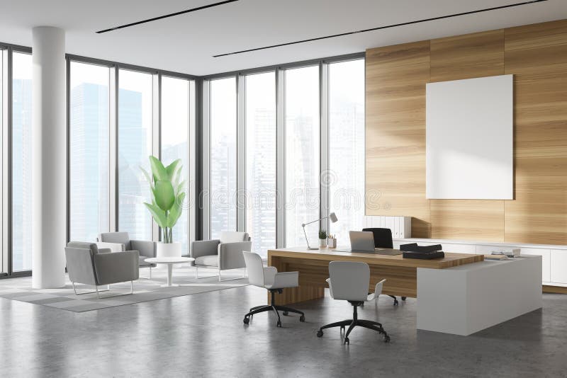 White And Wood Ceo Office Corner Lounge And Poster Stock Illustration -  Illustration Of City, Lounge: 181502165