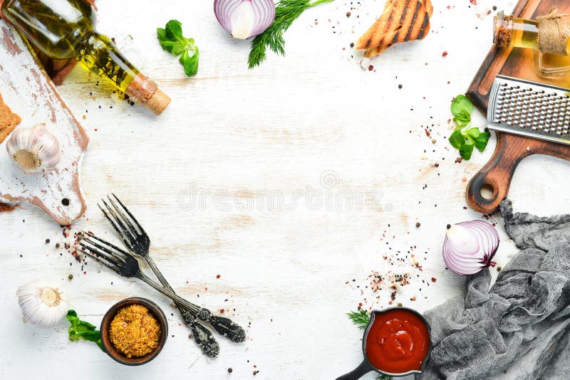 White Wooden Banner of Cooking. Food Background. Top View Stock Photo -  Image of healthy, organic: 183990380