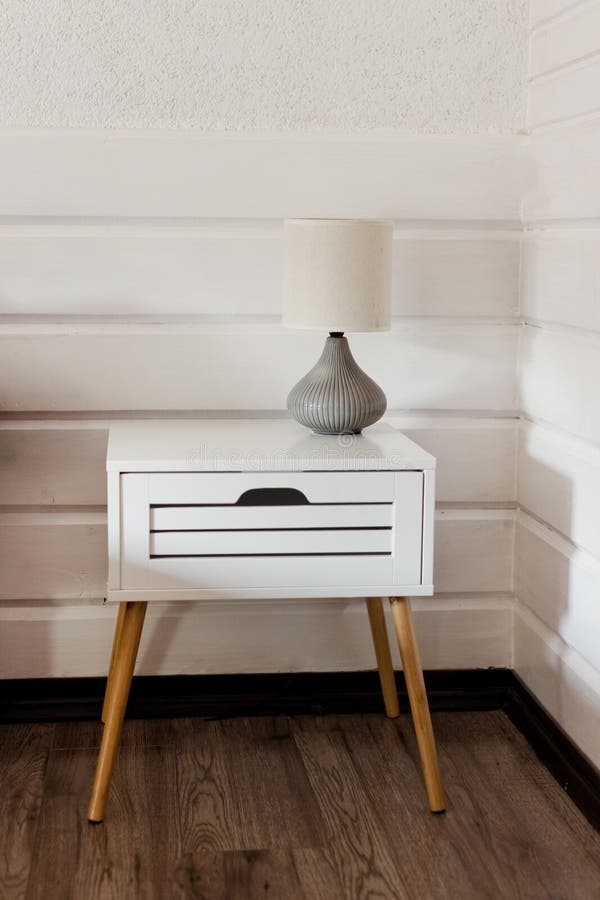White Wooden Bedside Table with Lamp Stock Image Image of home