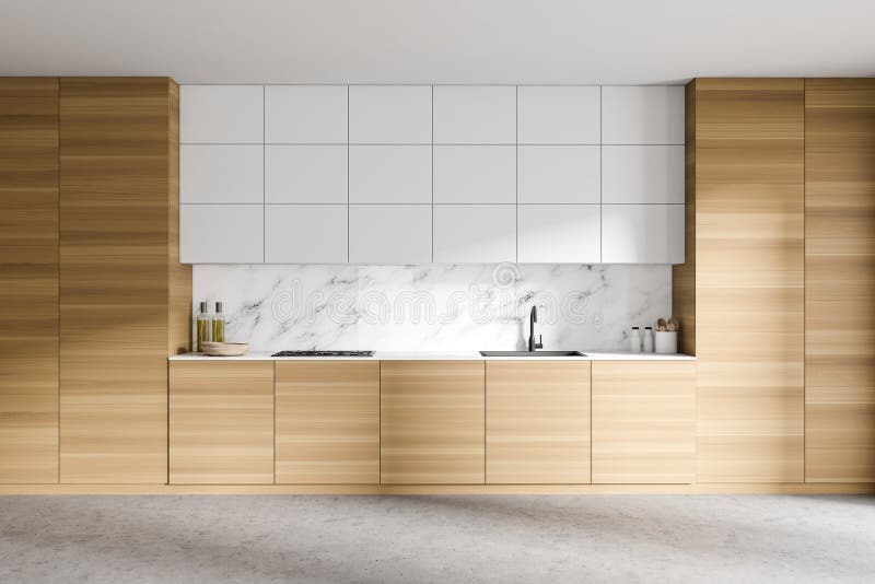 White and Wooden Kitchen with Cupboards Stock Illustration