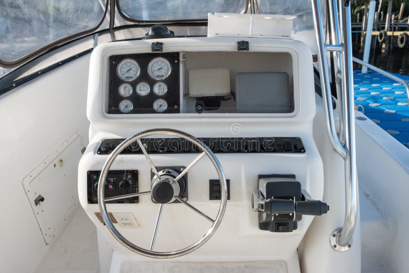 White Yacht Control Panel with Steering Wheel Stock Image Image of engine, river 102747317