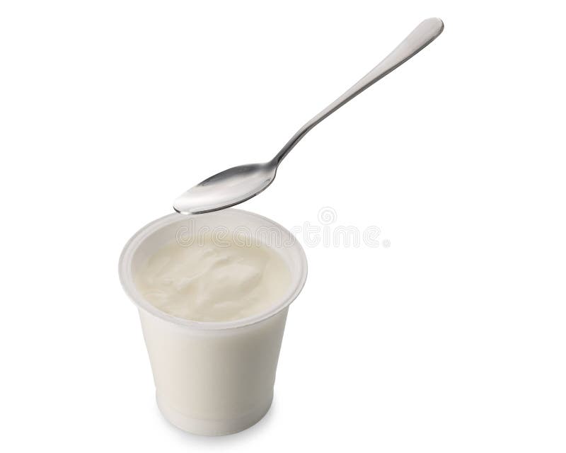 White Yoghurt in Plastic Jar with Teaspoon Isolated Stock Image Image
