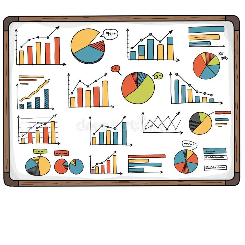 Whiteboard filled with various colorful charts and graphs, including bar graphs, pie stock illustration