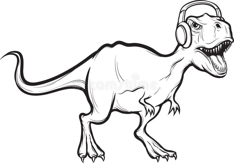 Whiteboard teckning - t-rexdinosaurie med hörlurar royaltyfri illustrationer Whiteboard teckning - t-rexdinosaurie med hörlurar royaltyfri illustrationer