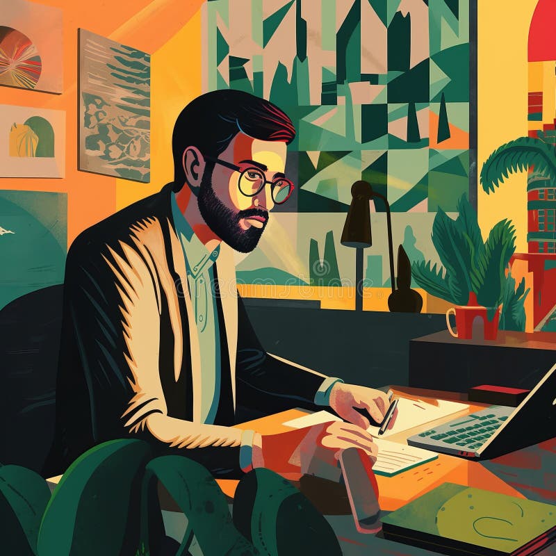 A whitecollar worker in a suit sits at a desk with a computer stock illustration