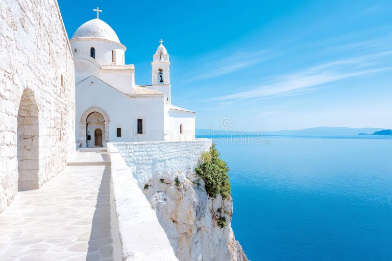 Whitewashed monastery, built on a dramatic cliff overlooking the sea stock illustration