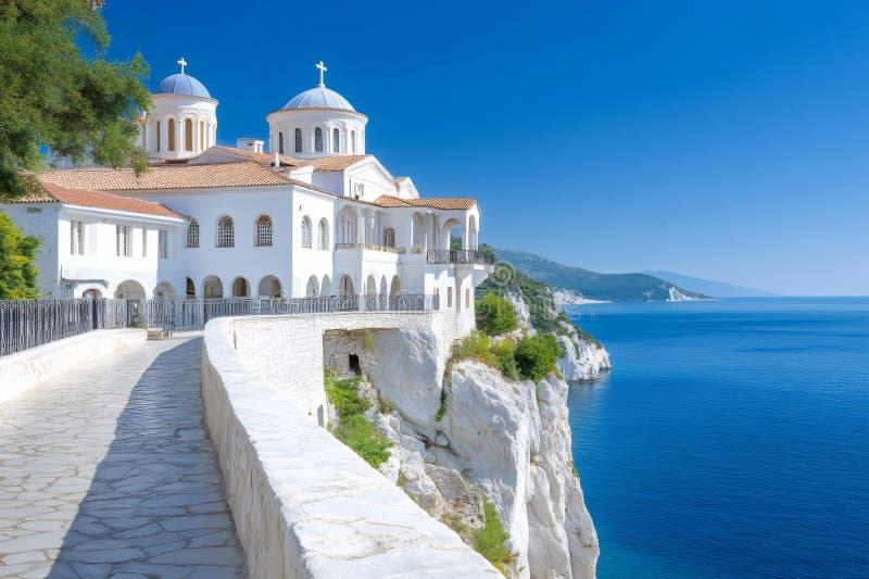 Whitewashed walls of Monastery of perched on cliff overlooking the sea under blue sky vector illustration