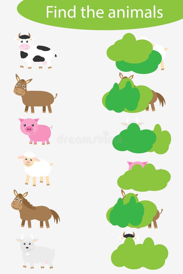 Who are hidding, matching game with farm animals for children, fun education game for kids, educational task for the development