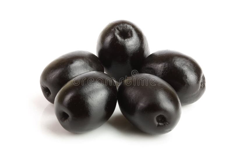 Black Olives Isolated on a White Background with Full Depth of Field