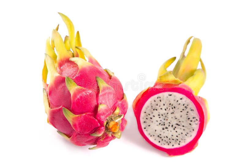 Whole and cut dragon fruits