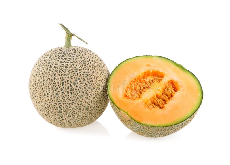 Whole and cut piece ripe Japanese orange melon with stem on white background stock photography