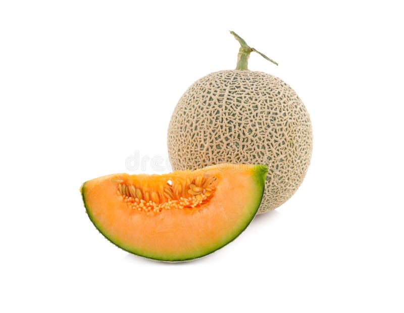 Whole and cut piece ripe Japanese orange melon with stem on white background royalty free stock photo