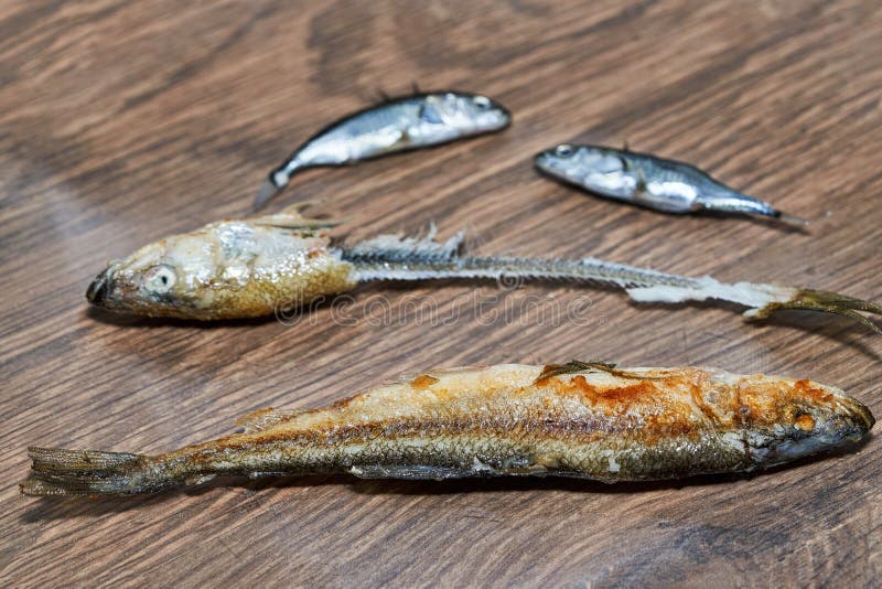 Whole Fried Fish Smelt and Fish Bones on a Plate. Stock Image Image