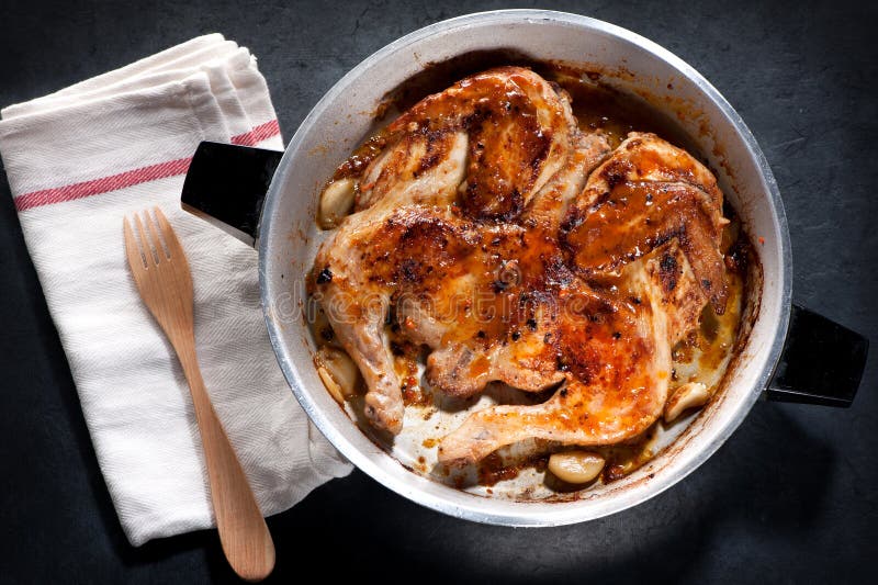 Whole Fried Roasted Chicken in a Frying Pan. Stock Image Image of salt, grilled 88588811