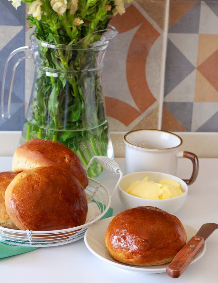 Whole Grain Breakfast, Rolls, Served with Butter Stock Photo Image of