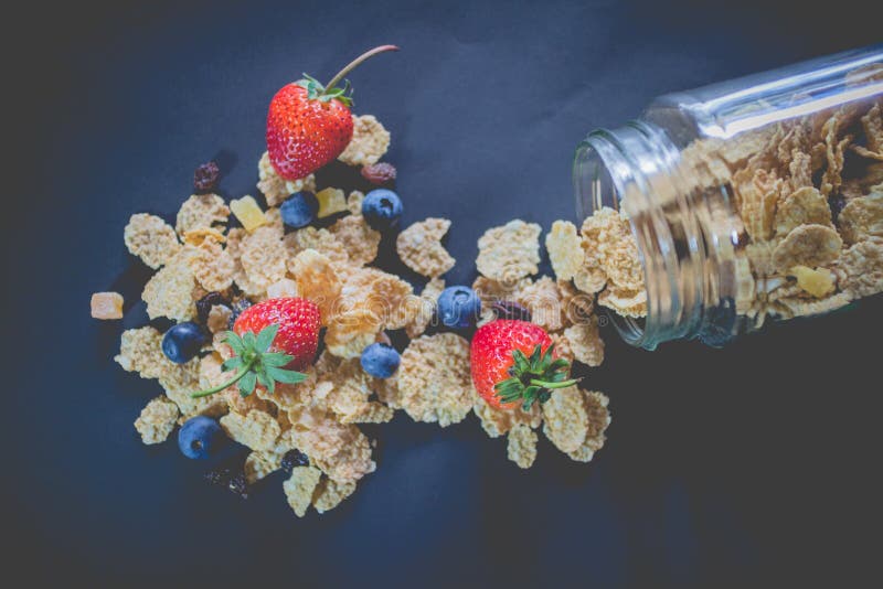 Whole Grain Cereal Flakes Which Mixed Berry Fruit and Raisins Stock