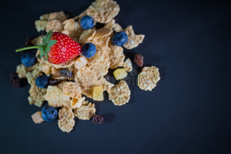 Whole Grain Cereal Flakes Which Mixed Berry Fruit and Raisins Stock