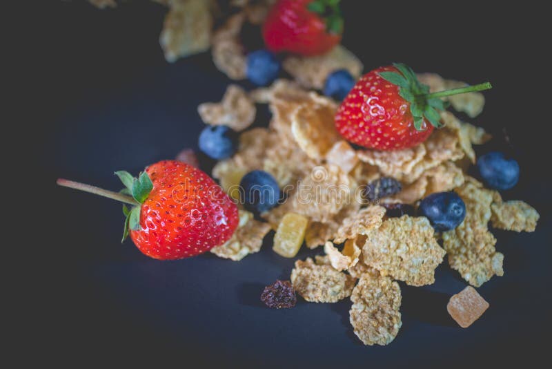 Whole Grain Cereal Flakes Which Mixed Berry Fruit and Raisins Stock