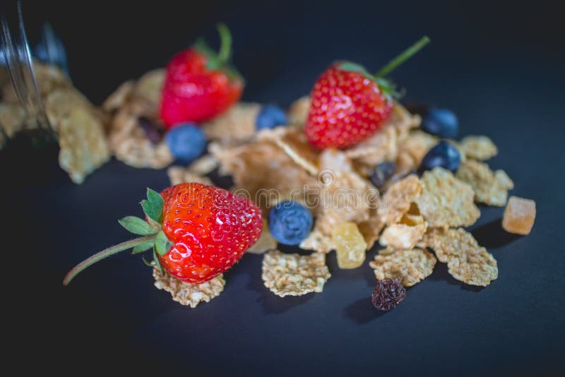 Whole Grain Cereal Flakes Which Mixed Berry Fruit and Raisins Stock