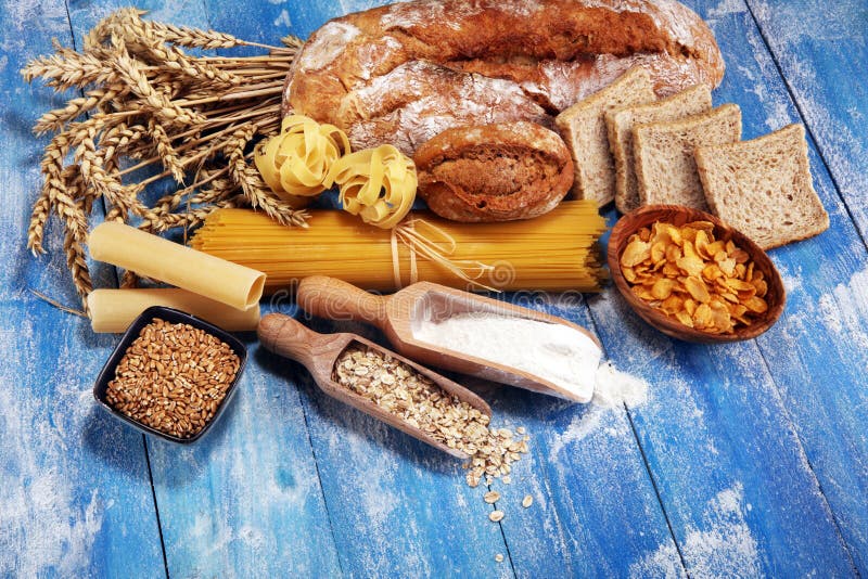 Whole Grain Products with Complex Carbohydrates on Table Stock Photo