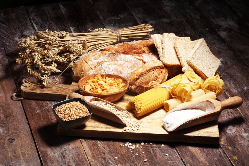Whole Grain Products with Complex Carbohydrates on Table Stock Image