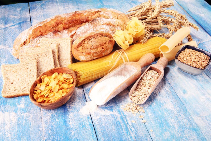 Whole Grain Products with Complex Carbohydrates on Table Stock Photo