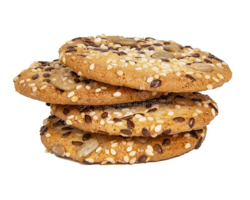 Whole Grain Snack Cereal Cookies with Seeds Isolated on the White