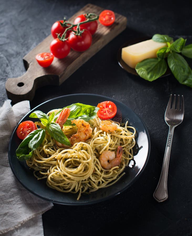 Whole Grain Spaghetti Pasta with Shrimps, Top View, Copy Space Stock ...