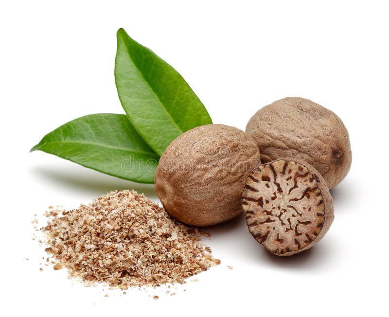 Whole and Grated Nutmeg with Leaves Isolated Stock Photo Image of heap, ground 153564208