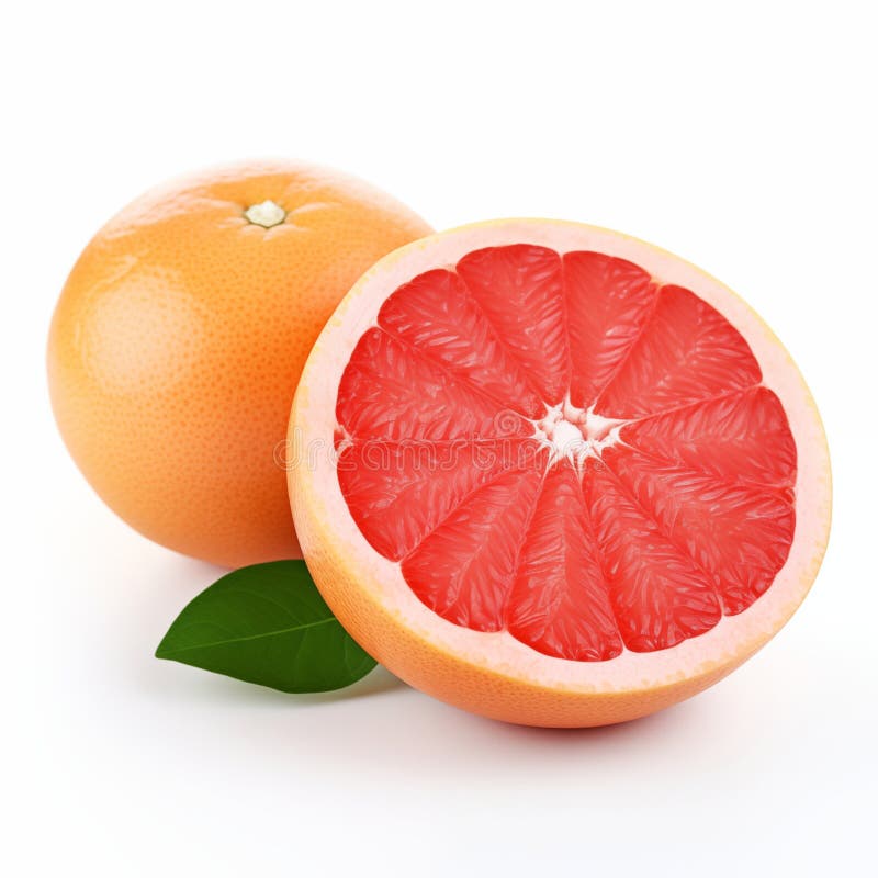Whole And Half Cut Fresh Grapefruit With Green Leaf On White Background stock illustration