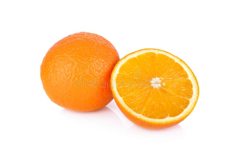 Whole and half cut navel orange on white background