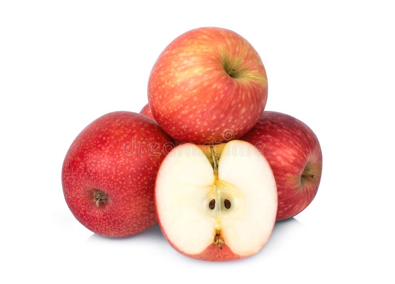 Whole and half pink lady apple isolated on white