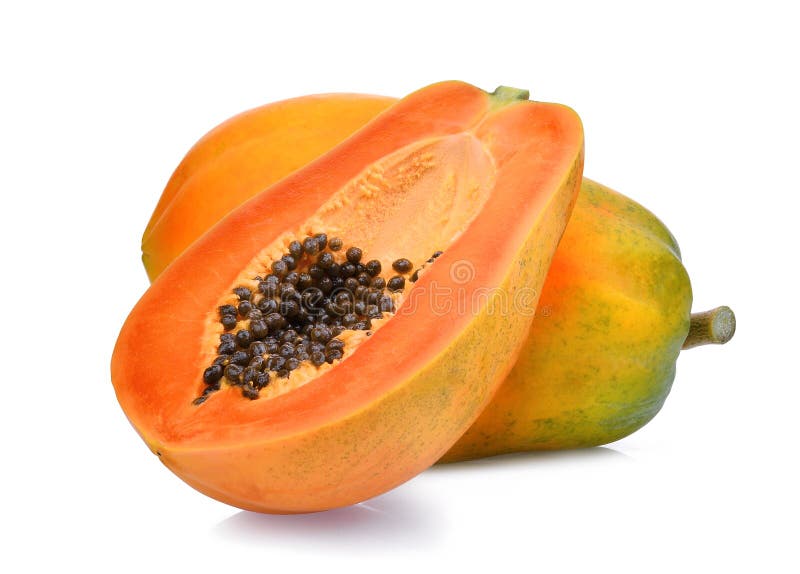 Whole and Half of Ripe Papaya Fruit with Seeds on White Stock Photo