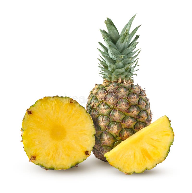 Whole, half and slice of pineapple on a white