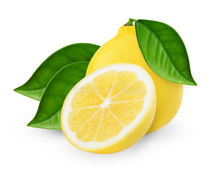 Whole and halved lemon with leaves. Clipping paths for both objects and shadows. Infinite depth of field