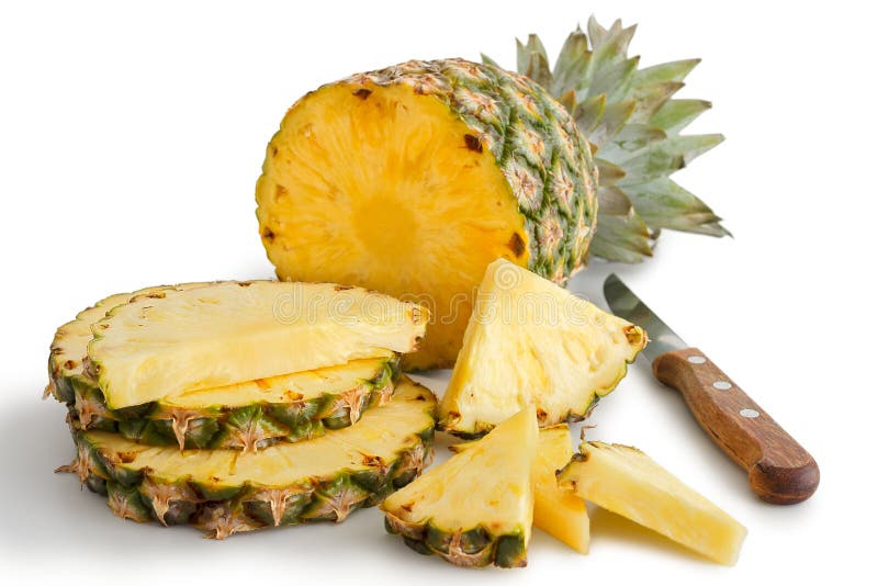 Whole Pineapple Cut Up with Pieces and Knife. Stock Image Image of