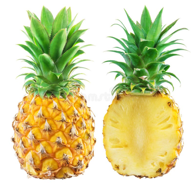 Whole pineapple and half of pineapple isolated on white background