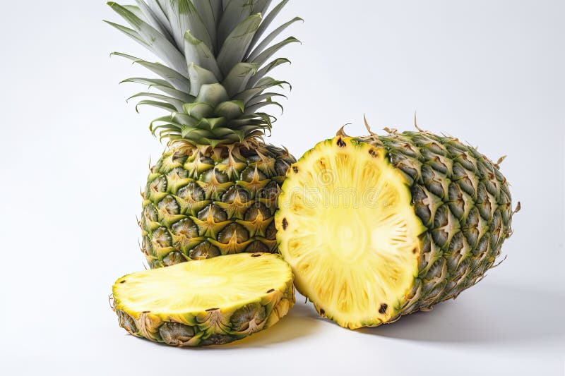 Whole Pineapple and Pineapple Slice. Pineapple with Leaves Isolate on