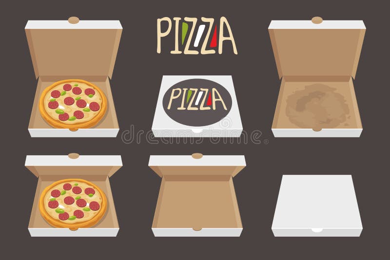The whole pizza in the opened and closed cardboard box. Delivery. Set vector Flat style illustration royalty free illustration
