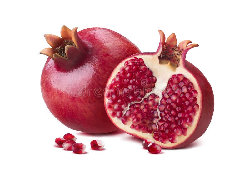 Whole pomegranate half seeds isolated on white