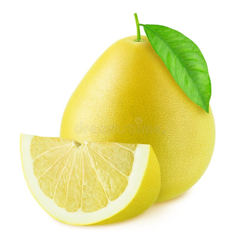 Whole pomelo with slice isolated on white background.