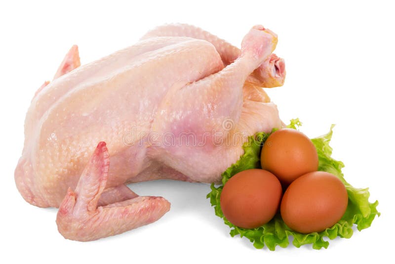 Whole raw chicken meat, lettuce and eggs isolated on white.