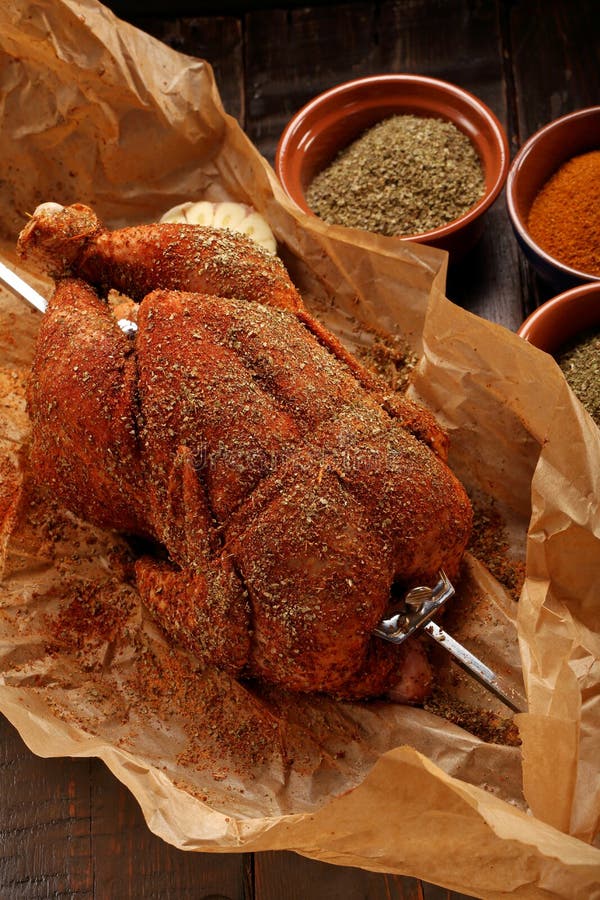 Whole Raw Chicken Spices Ready Roasting Spit Stock Photos Free & RoyaltyFree Stock Photos