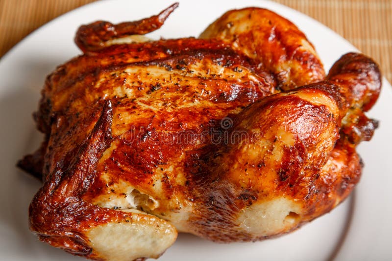Whole Roast Chicken on White Plate Stock Photo Image of spices, baked