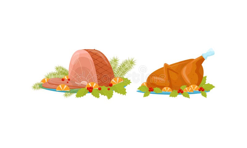 Whole Roasted Chicken and Ham Served on Plate with Orange Slices as Traditional Christmas Eve Dinner Vector Set